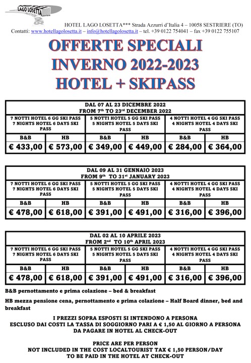 OFFERTE SPECIALI INVERNO 2022-23 HOTEL+SKIPASS